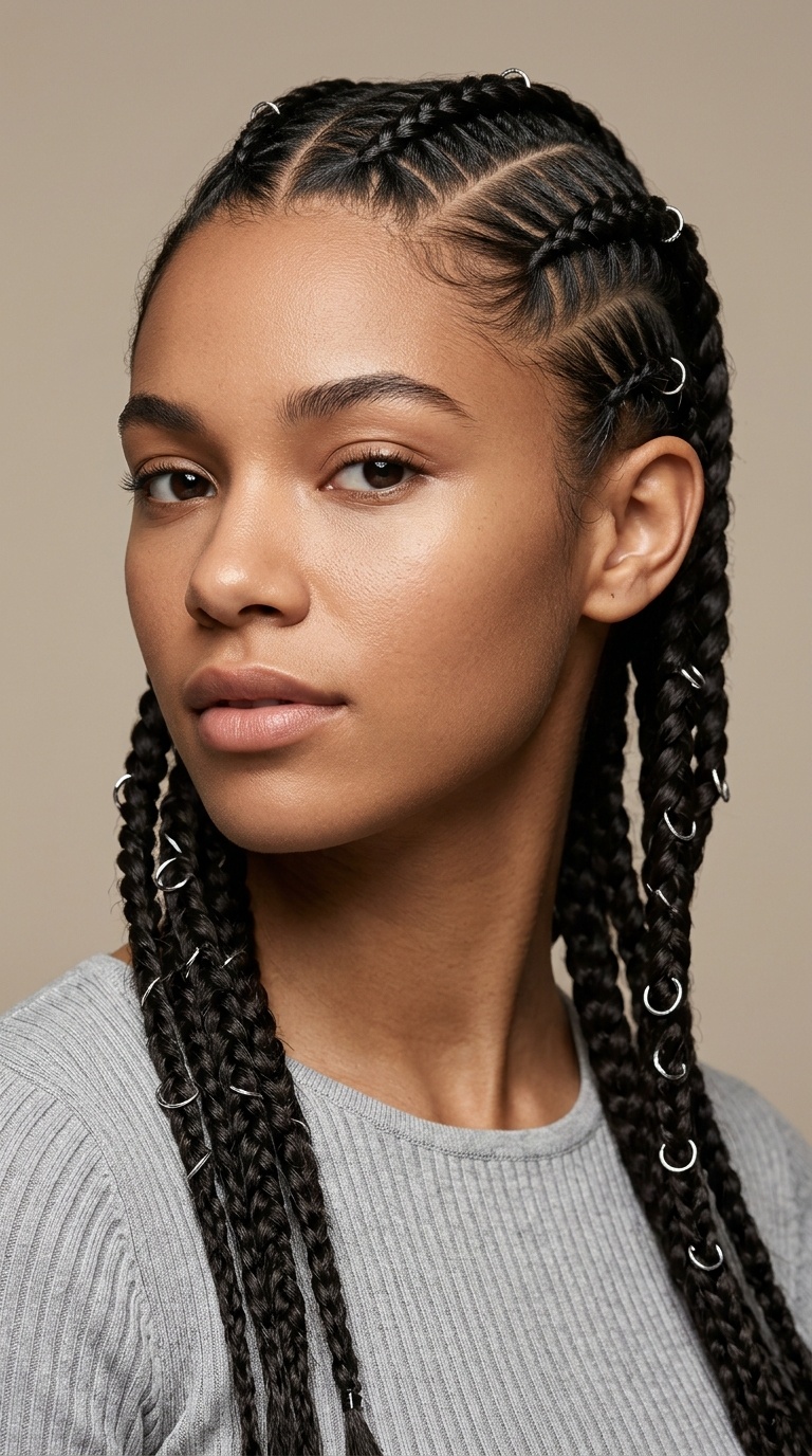 Zig-Zag Parted Braids with Pierced Ring Details