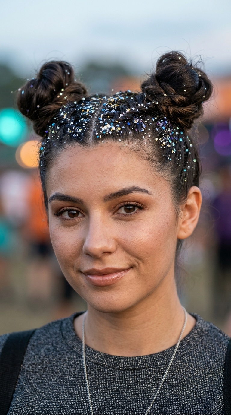 Zig-Zag Parted Buns with Multi-Tonal Glitter