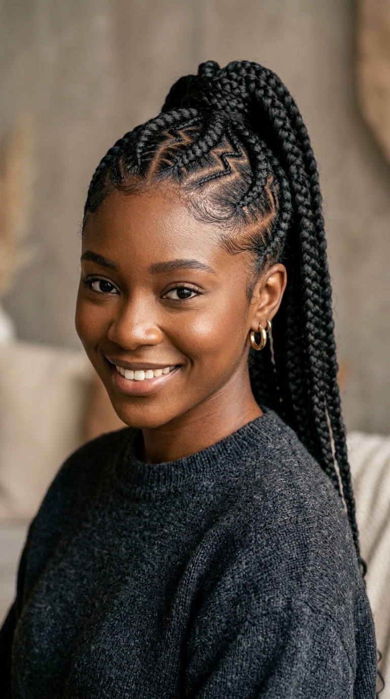 Zig-Zag Parted Cornrow Ponytail